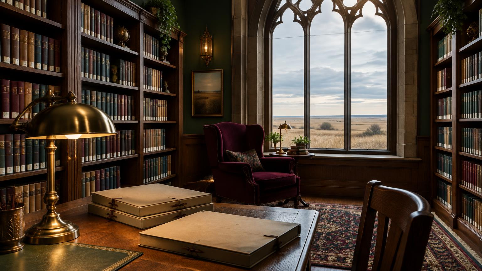 A lamplit archive reading room overlooking the open prairie